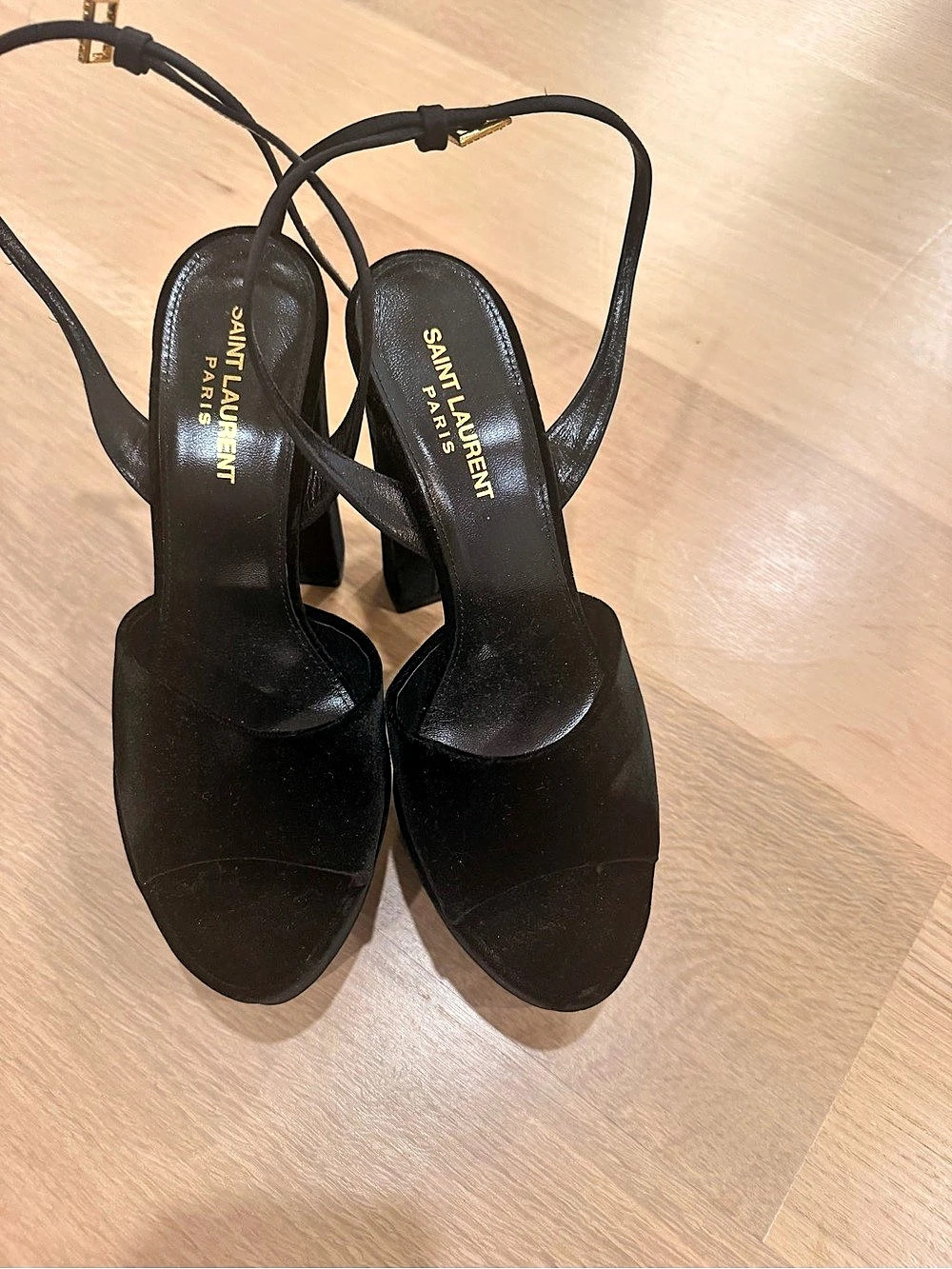 Saint Laurent Black Velvet Crystal Buckle Platform Sandals